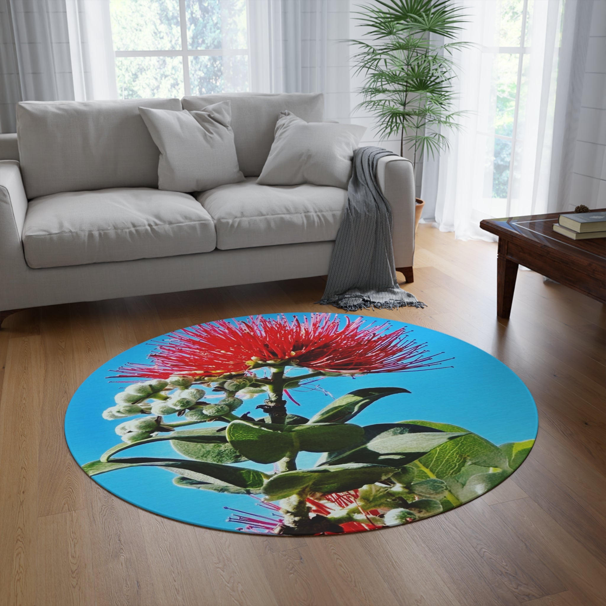 Ohia Lehua Maui Muse Collection Round Rug — Vibrant Maui Native Floral Floor Mat
